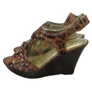 Reba McEntire Cheetah Print Embellished vegan leather wedges Espadrilles 7.5